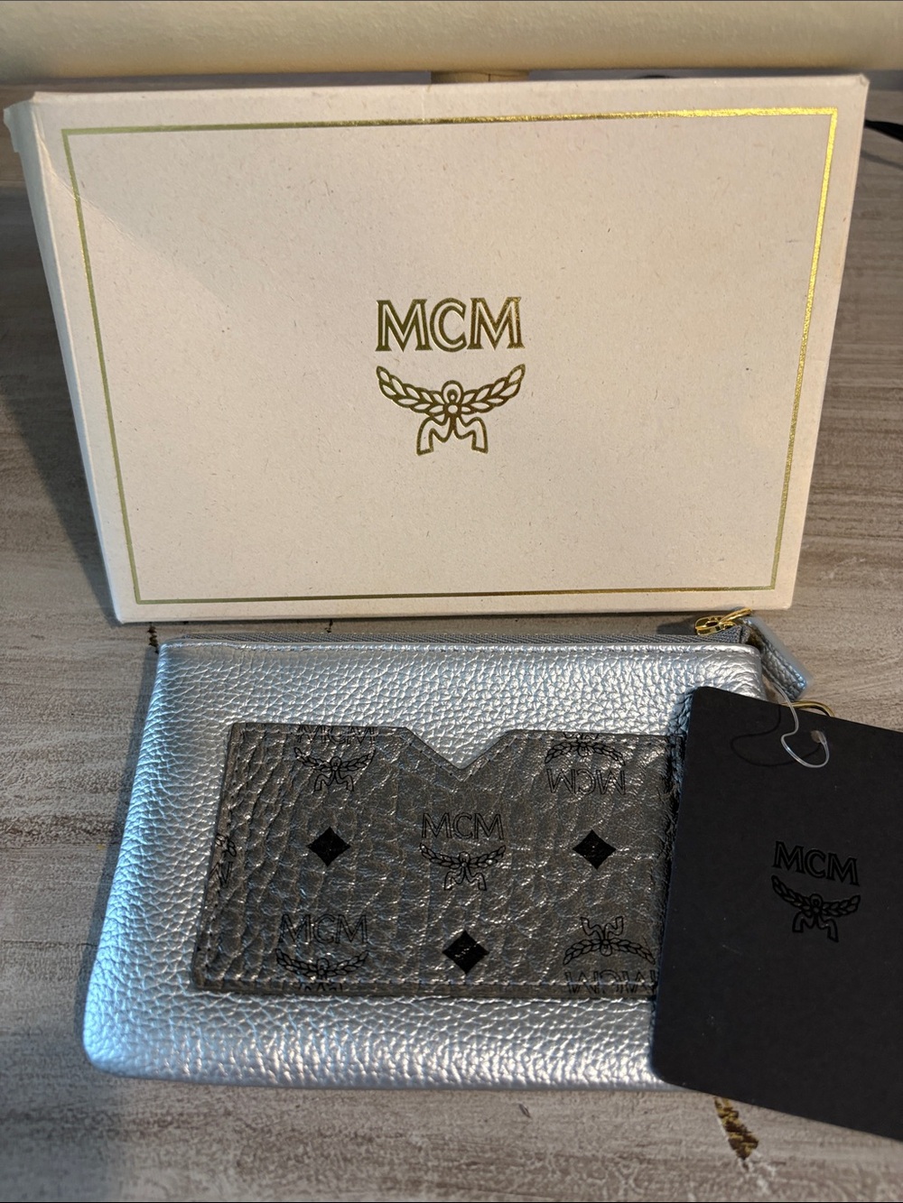 MCM Silver Metallic Leather Card Pouch with Box/Tags